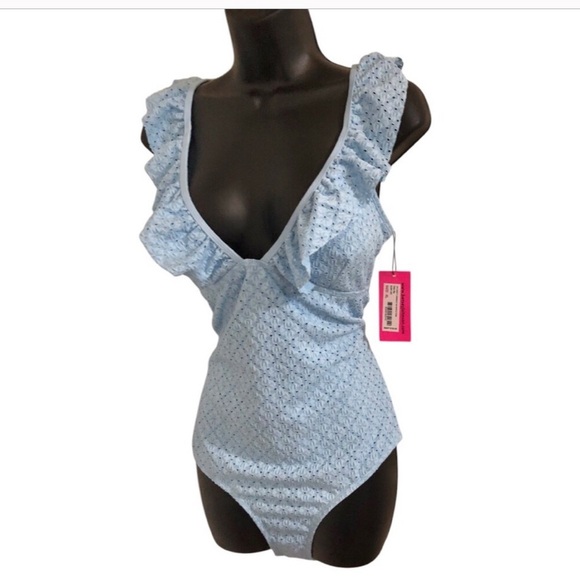 Betsey Johnson Other - Betsey Johnson Clear sky blue 1piece Ruffle strap eyelet Swimsuit size large new